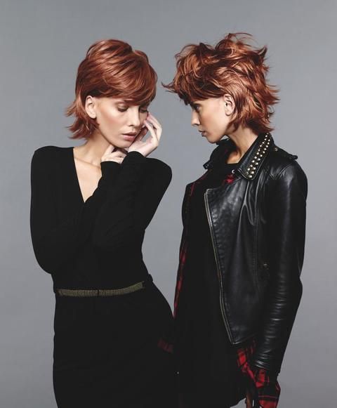 Hairstyle, Jacket, Collar, Style, Red hair, Fashion, Black, Bangs, Leather jacket, Step cutting, 