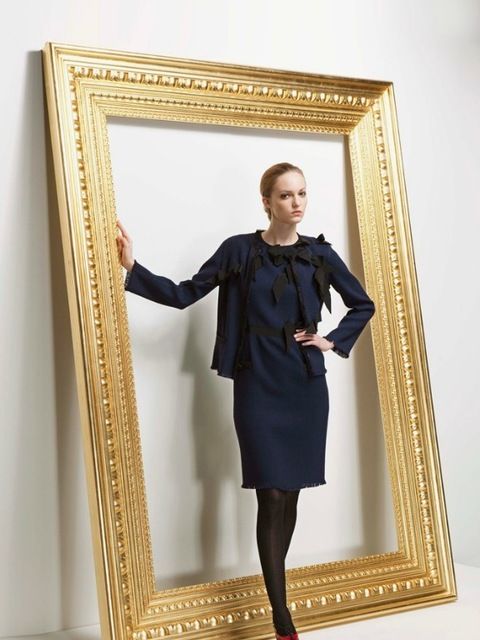 Collar, Photograph, Style, Formal wear, Knee, Picture frame, Blazer, One-piece garment, Tights, Day dress, 