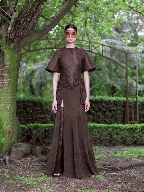 Clothing, Brown, Sleeve, Green, Textile, Dress, Formal wear, Gown, Forest, Trunk, 