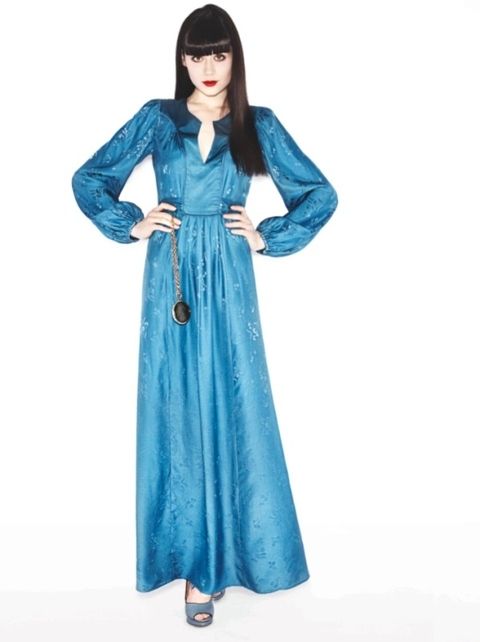 Blue, Sleeve, Shoulder, Dress, Textile, Standing, Formal wear, One-piece garment, Aqua, Style, 