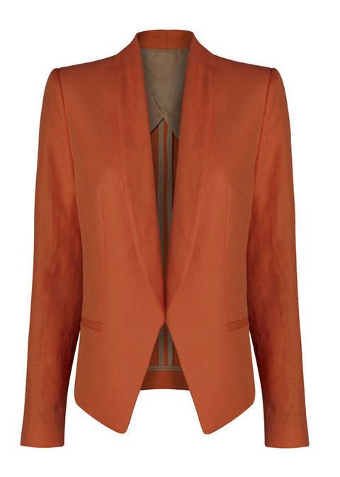 Coat, Brown, Collar, Sleeve, Textile, Orange, Outerwear, Red, Formal wear, Blazer, 
