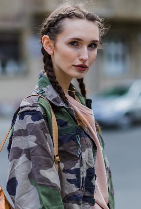 Eyebrow, Military camouflage, Camouflage, Street fashion, Jacket, Pattern, Brown hair, Blond, Fashion model, Portrait photography, 