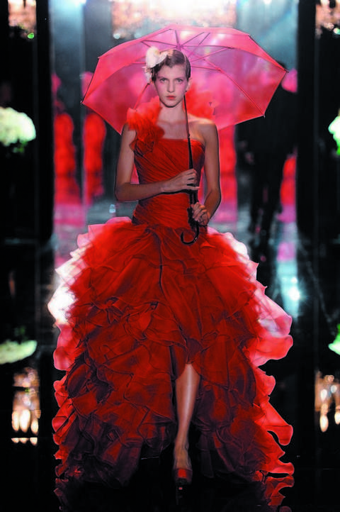 Dress, Red, Umbrella, Pink, Magenta, Fashion, One-piece garment, Fashion model, Gown, Embellishment, 