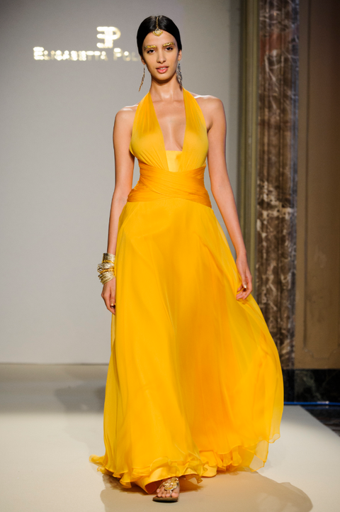 Yellow, Shoulder, Dress, Joint, Formal wear, Style, Amber, Fashion model, One-piece garment, Orange, 