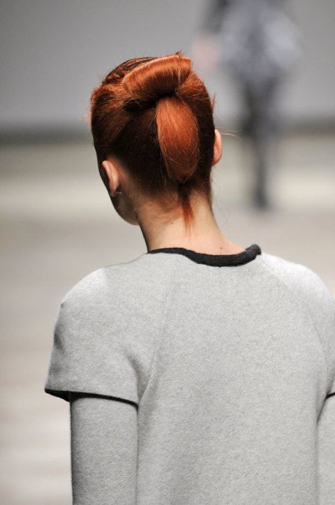 Sleeve, Shoulder, Back, Street fashion, Red hair, Neck, Grey, Liver, Bun, Earrings, 