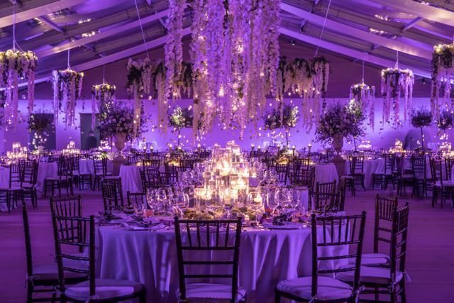 Tablecloth, Decoration, Purple, Function hall, Interior design, Textile, Violet, Furniture, Lavender, Chair, 