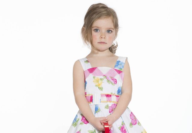 Pink, Dress, Day dress, Baby & toddler clothing, Pattern, One-piece garment, Brown hair, Child model, Embellishment, Pattern, 
