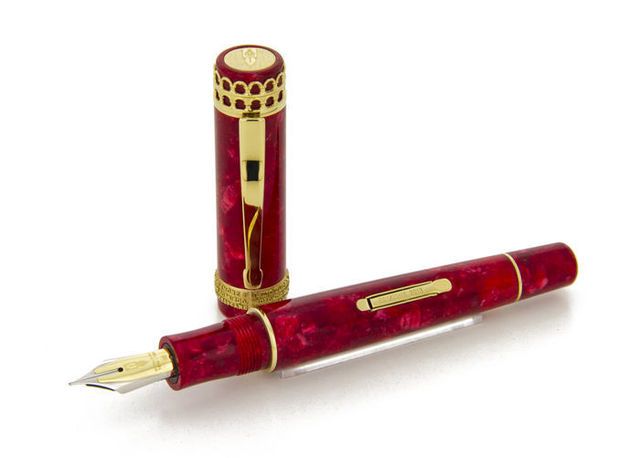 Red, Magenta, Maroon, Carmine, Logo, Writing implement, Stationery, Coquelicot, Office instrument, Cylinder, 