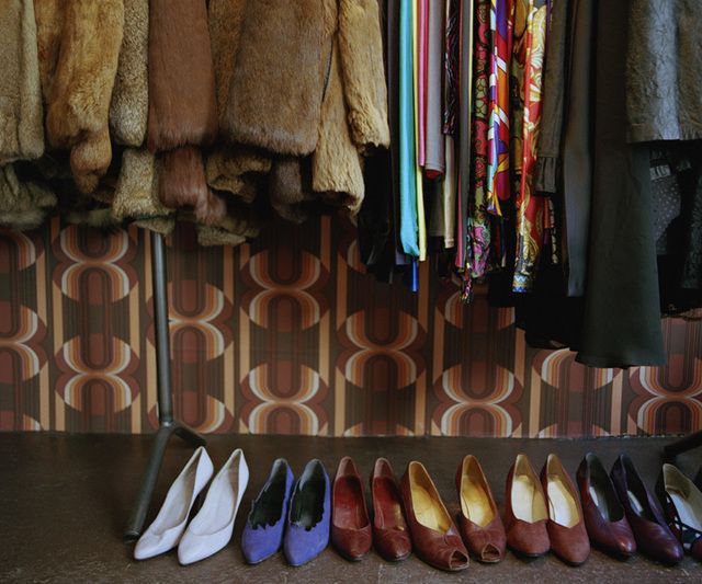 Brown, Retail, Tan, Fashion, Collection, Clothes hanger, Dress shoe, Ballet flat, Natural material, Market, 