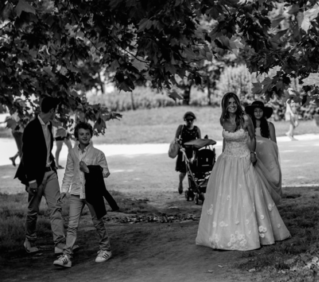 People, Trousers, Dress, Photograph, Mammal, Style, Bridal clothing, Interaction, People in nature, Wedding dress, 