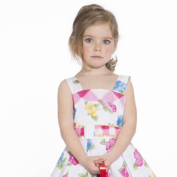 Pink, Dress, Day dress, Baby & toddler clothing, Pattern, One-piece garment, Brown hair, Child model, Embellishment, Pattern, 