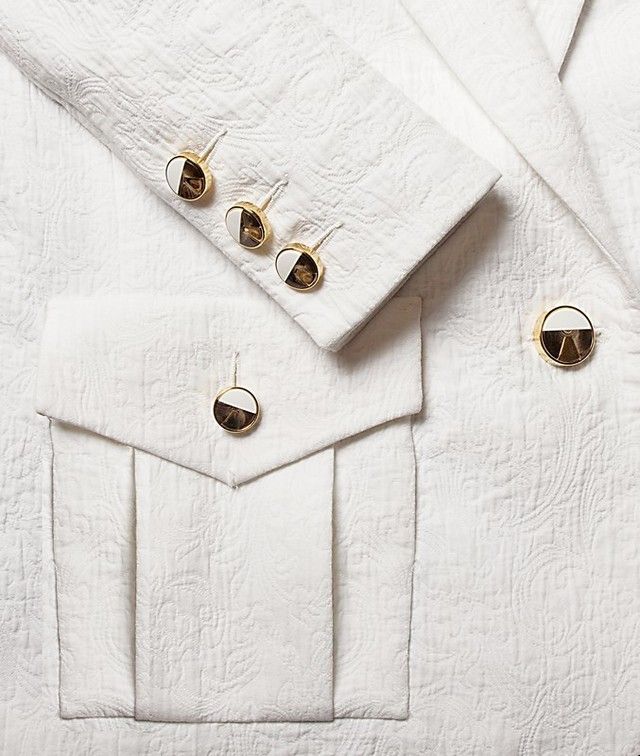 Collar, Dress shirt, Beige, Button, Silver, Pocket, Natural material, Brass, Household hardware, 