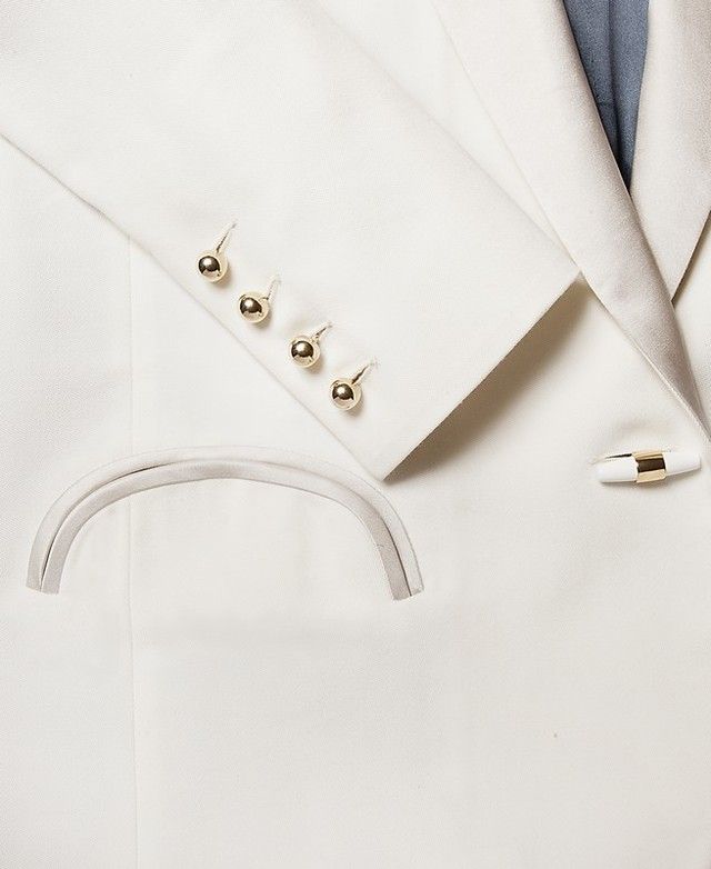 Collar, White, Button, Beige, Blazer, Fashion design, Natural material, Silver, Pocket, Embellishment, 