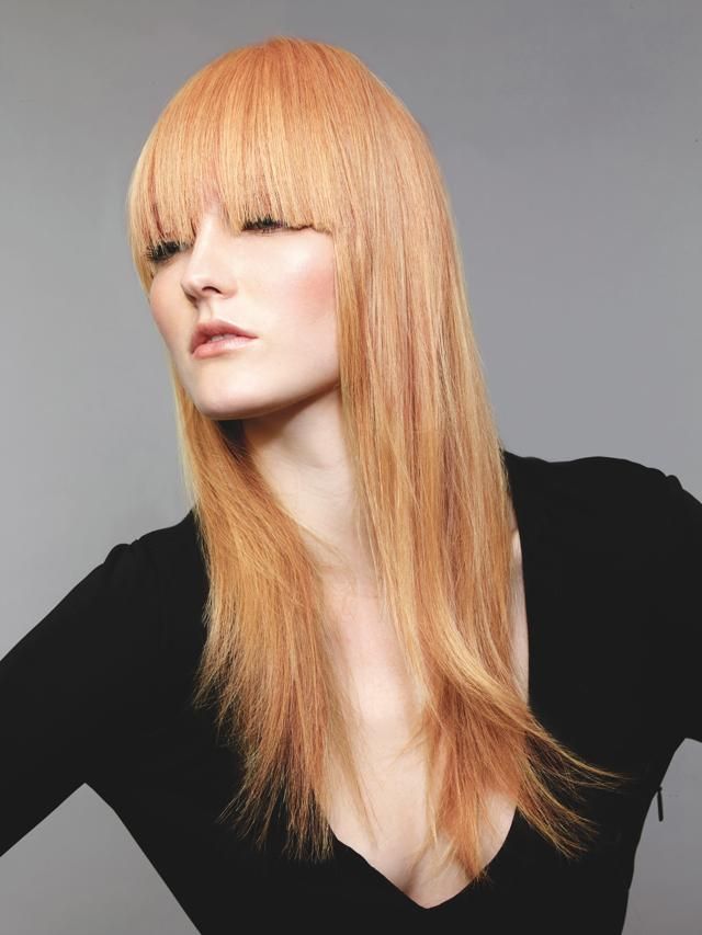 Lip, Hairstyle, Style, Bangs, Step cutting, Beauty, Neck, Black, Blond, Long hair, 