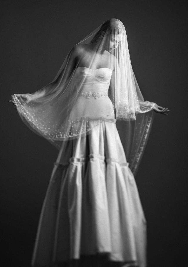 Sleeve, Dress, Shoulder, Textile, Standing, Joint, White, Formal wear, Bridal veil, One-piece garment, 