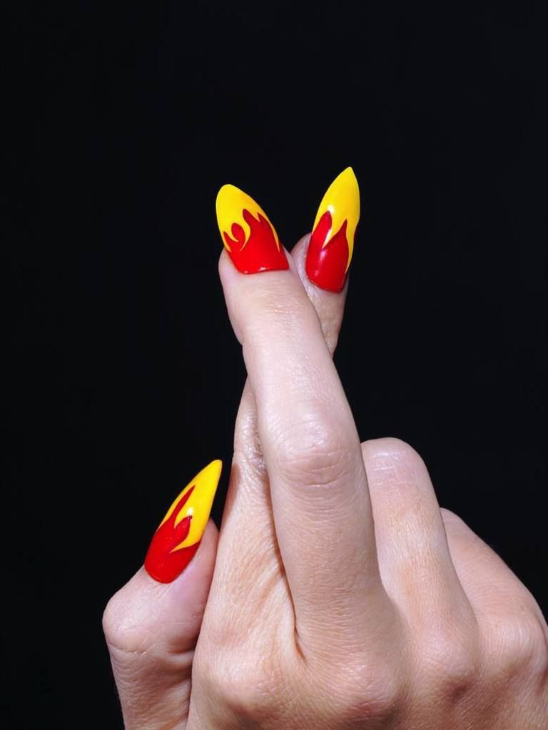 Finger, Yellow, Red, Nail, Nail care, Carmine, Orange, Colorfulness, Close-up, Coquelicot, 