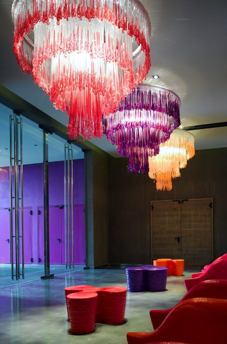 Lighting, Interior design, Red, Magenta, Ceiling fixture, Light fixture, Pink, Lighting accessory, Purple, Ceiling, 