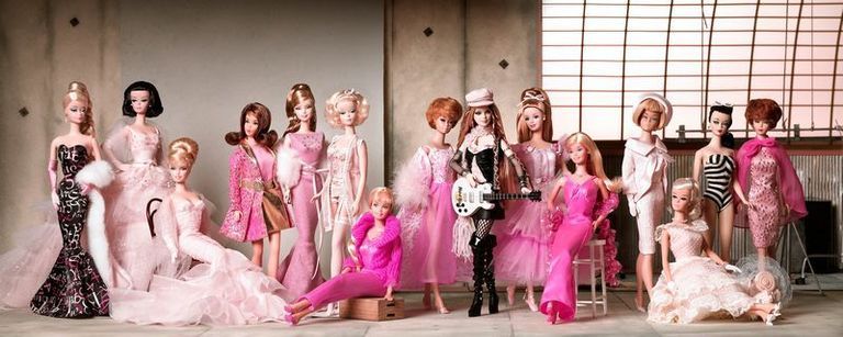 Head, Pink, Toy, Doll, Magenta, Wig, Costume, Peach, One-piece garment, Fashion design, 