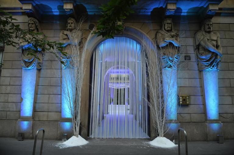 Blue, Majorelle blue, Light fixture, Column, Arch, Freezing, 