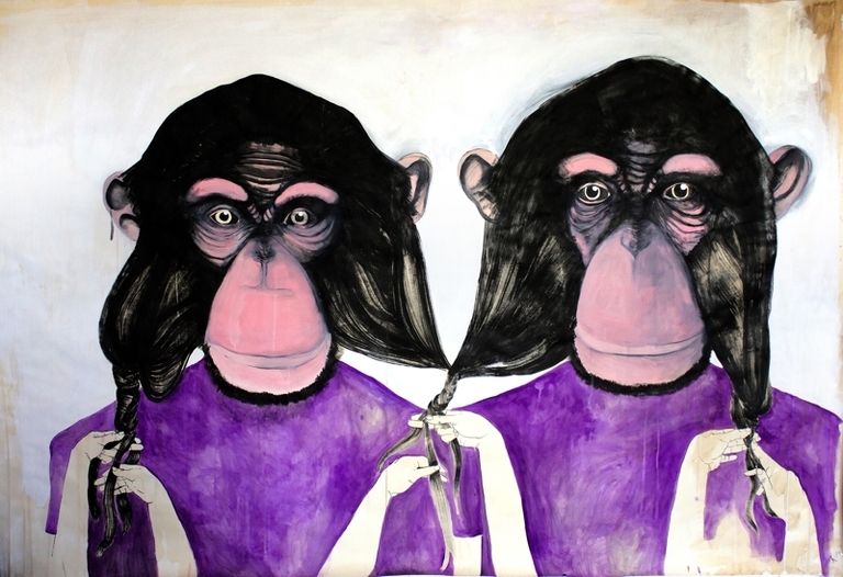 Primate, Snout, Terrestrial animal, Temple, Painting, Common chimpanzee, Fur, Paint, Illustration, Drawing, 