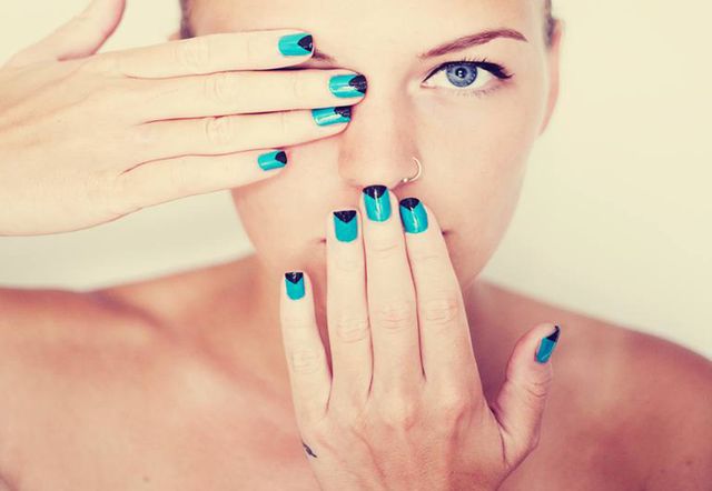 Blue, Finger, Skin, Nail, Manicure, Nail care, Nail polish, Liquid, Style, Teal, 