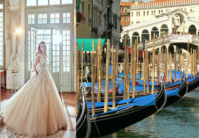Dress, Waterway, Watercraft, Formal wear, Gown, Boat, Bridal clothing, Gondola, Wedding dress, Reflection, 