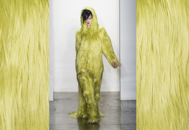 Yellow, Textile, Costume design, Costume, Fur, Artificial hair integrations, Fashion design, Natural material, Animal product, Haute couture, 