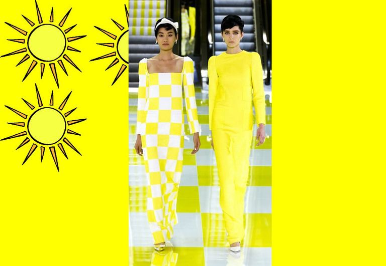 Human, Yellow, Style, Pattern, Dress, One-piece garment, Street fashion, Black hair, Fashion model, Waist, 