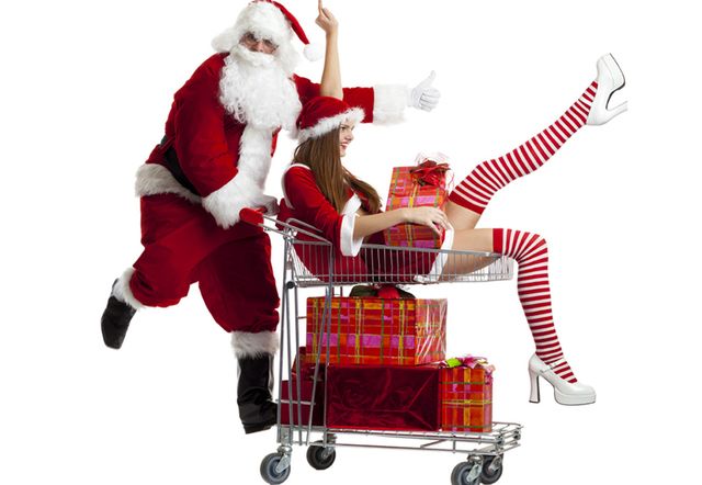 Santa claus, Red, Shopping cart, Fictional character, Holiday, Carmine, Fur clothing, Christmas eve, Christmas, Costume accessory, 