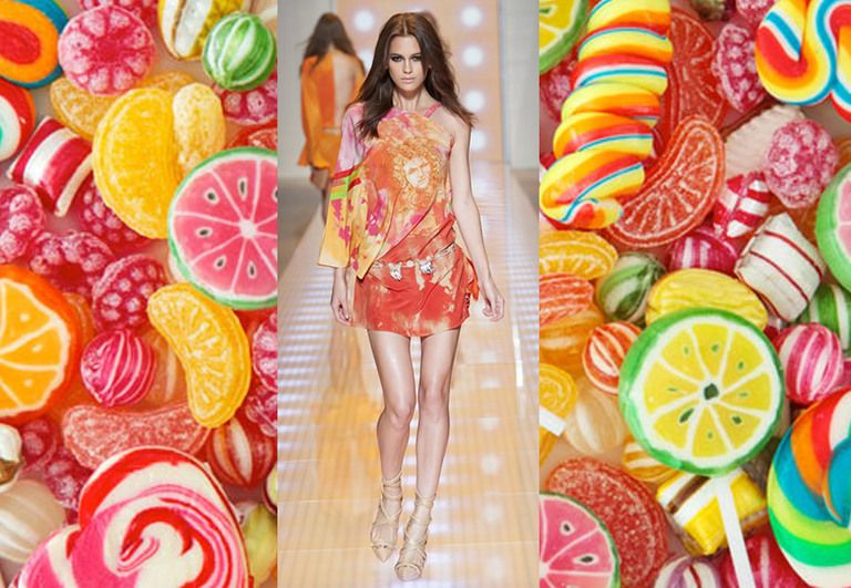 Human, Orange, Dress, Pattern, Art, Peach, Fruit, One-piece garment, Day dress, Produce, 