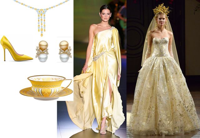 Yellow, Serveware, Dress, Formal wear, Gown, One-piece garment, Dishware, Fashion, Beauty, Costume design, 
