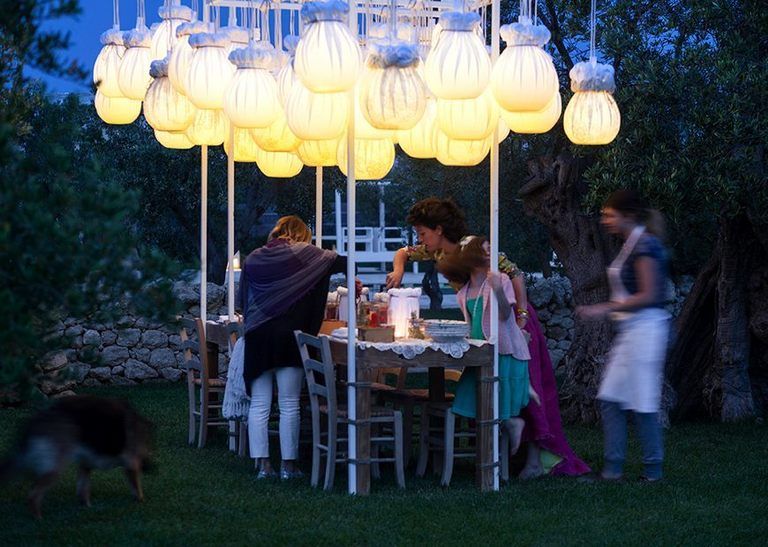 Lighting, Cuisine, Public space, Table, Outdoor furniture, Outdoor table, Sharing, Lantern, Tablecloth, Dog breed, 