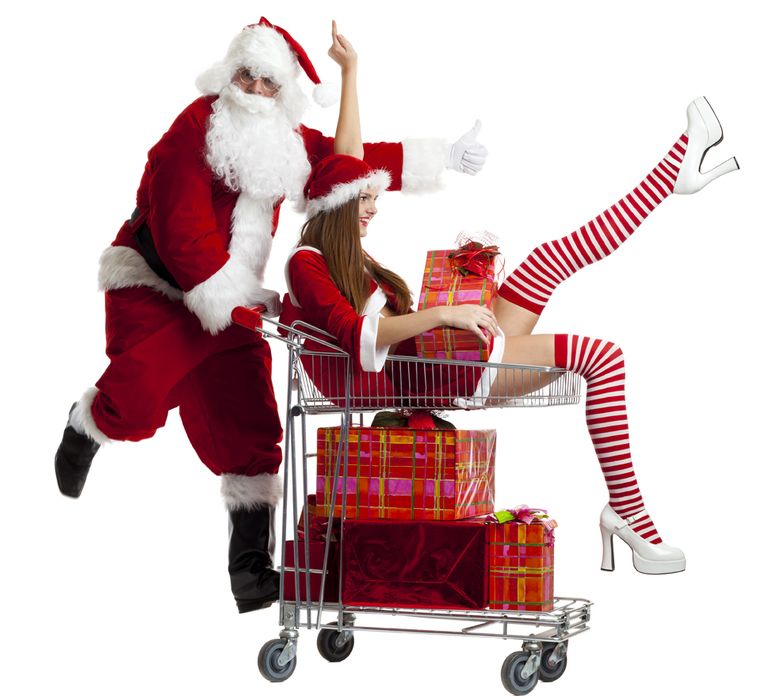 Human, Santa claus, Red, Shopping cart, Fictional character, Hat, Holiday, Costume accessory, Christmas eve, Facial hair, 