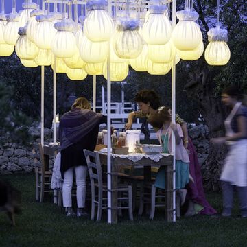 Lighting, Human body, Table, Outdoor table, Outdoor furniture, Sharing, Cuisine, Dog breed, Lantern, Dog, 