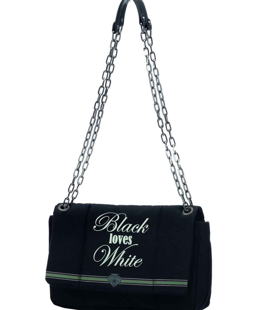 Product, Style, Font, Logo, Black, Shoulder bag, Black-and-white, Bag, Metal, Material property, 
