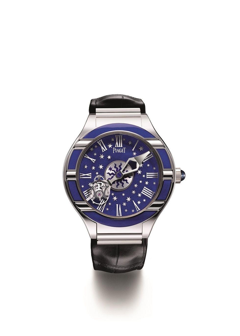 Product, Watch, Analog watch, Glass, Watch accessory, Fashion accessory, Font, Azure, Black, Electric blue, 