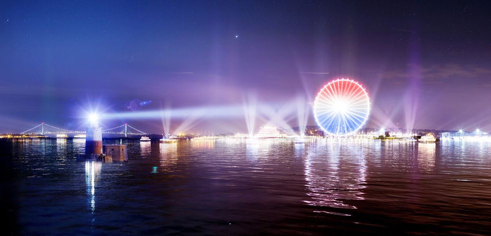 Night, Liquid, Reflection, Ferris wheel, Midnight, Water feature, Lake, Lens flare, Metropolis, Tourist attraction, 