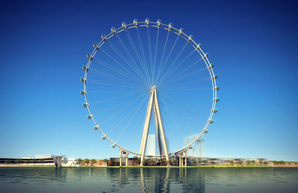 Nature, Ferris wheel, Blue, Daytime, Sky, Infrastructure, Water resources, Urban area, Photograph, Reflection, 