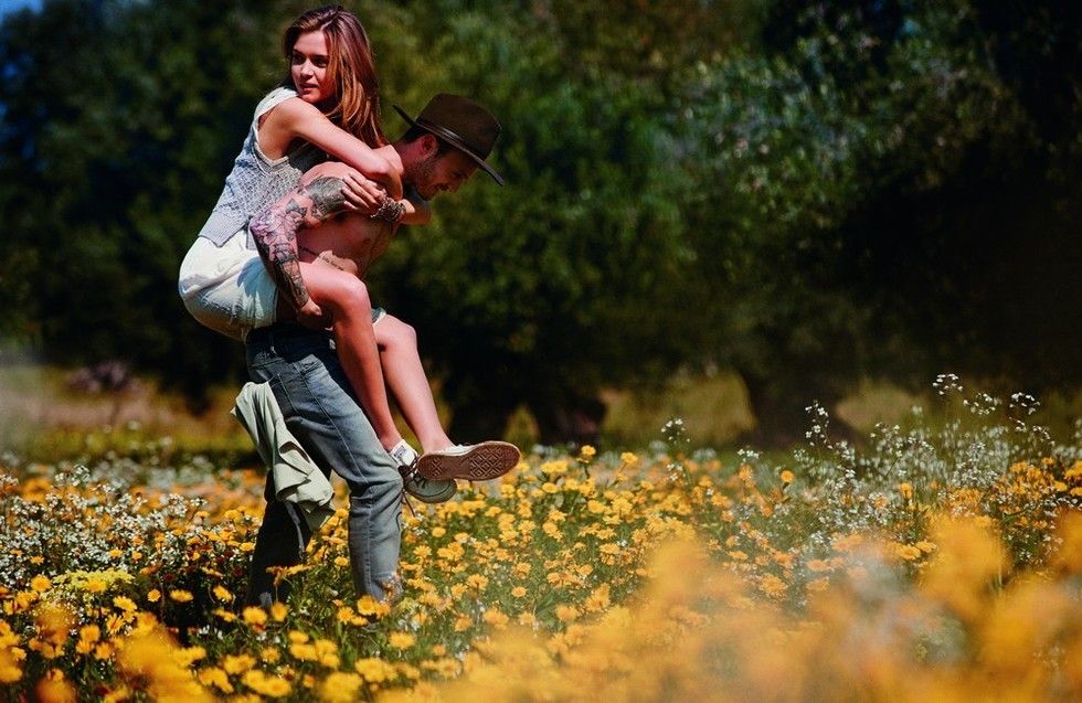 Jeans, People in nature, Love, Groundcover, Spring, Meadow, Wildflower, Playing with kids, Romance, Sandal, 