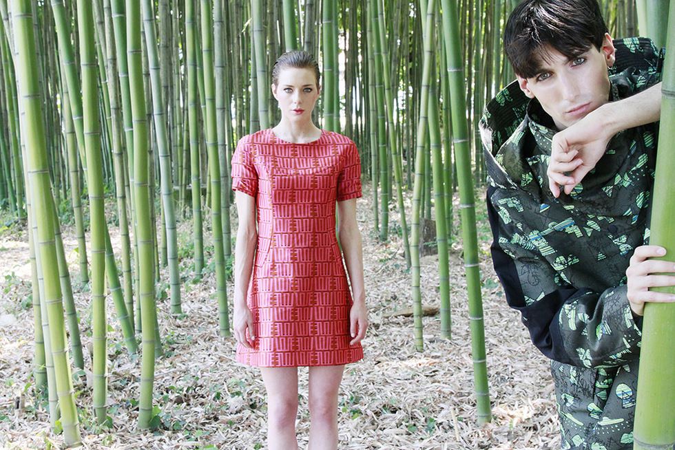 Green, Dress, One-piece garment, People in nature, Pattern, Day dress, Bamboo, Waist, Grass family, Cane, 