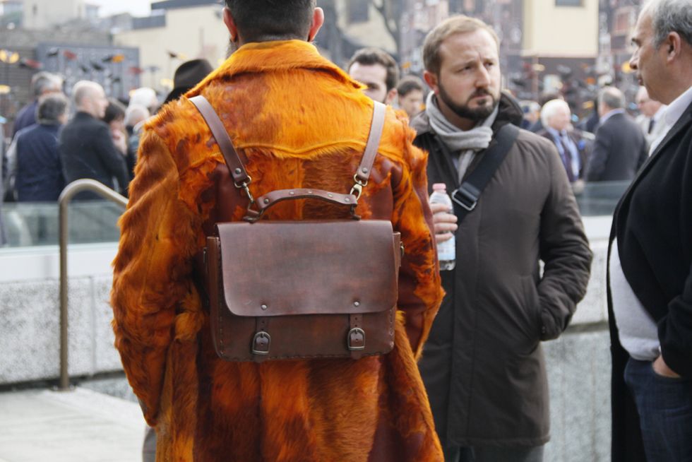 Street fashion, Winter, Orange, Crowd, Backpack, 