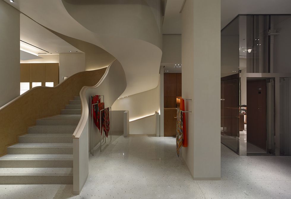 Stairs, Architecture, Interior design, Floor, Wall, Ceiling, Fixture, Parallel, Space, Handrail, 
