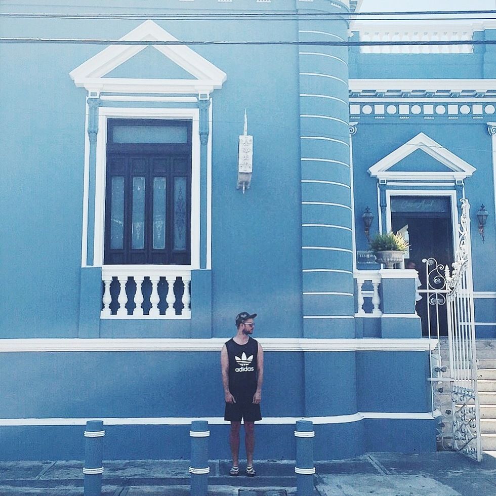 Blue, Architecture, Standing, Wall, Teal, Turquoise, Door, Street fashion, Fixture, Majorelle blue, 
