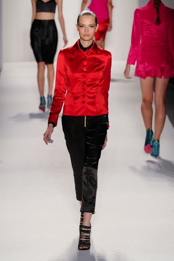 Clothing, Footwear, Leg, Sleeve, Shoulder, Fashion show, Textile, Red, Joint, Outerwear, 