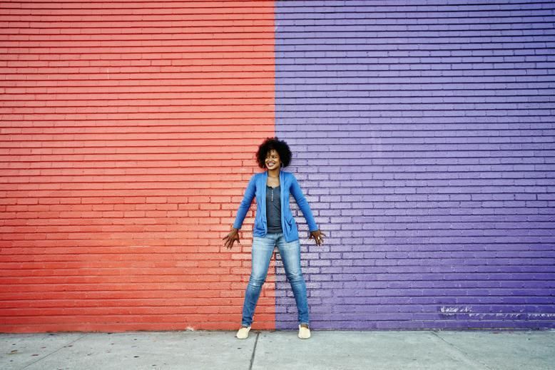 Blue, Denim, Jeans, Standing, Jacket, Outerwear, Red, Wall, Brick, Style, 
