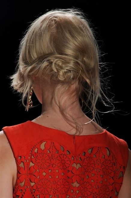 Hairstyle, Shoulder, Red, Neck, Blond, Day dress, Lace, Embellishment, Makeover, Bangs, 
