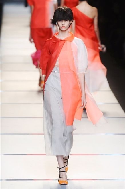 Shoulder, Fashion show, Red, Fashion model, Style, Runway, Costume design, Orange, Dress, Fashion, 