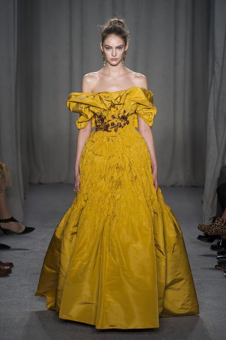 Yellow, Shoulder, Textile, Dress, Gown, Formal wear, Style, Fashion model, Curtain, One-piece garment, 