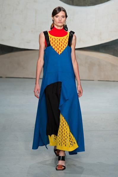 Clothing, Blue, Yellow, Shoulder, Fashion show, Textile, Joint, Dress, Style, Formal wear, 