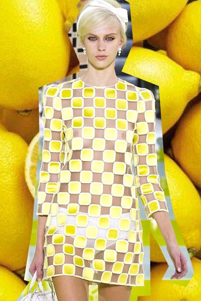 Yellow, Dress, Orange, Fruit, Beauty, Eyelash, Trunk, Day dress, One-piece garment, Street fashion, 